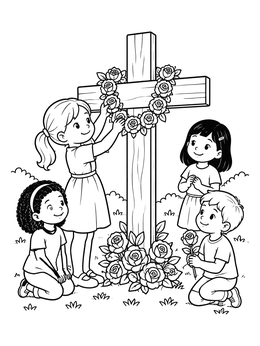 Free printable Children Decorating Cross With Roses coloring page