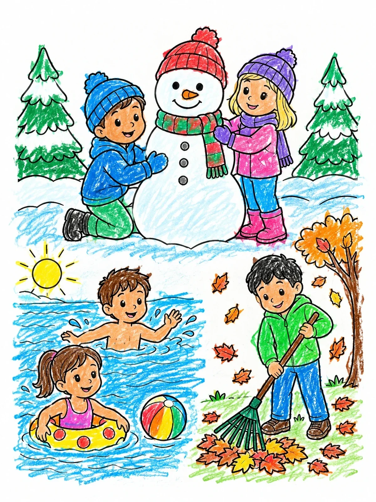 Colored example of the Children In Different Seasons coloring page