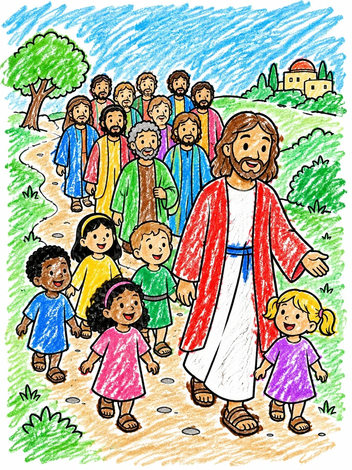 Colored example of the Children And Disciples Following Jesus coloring page