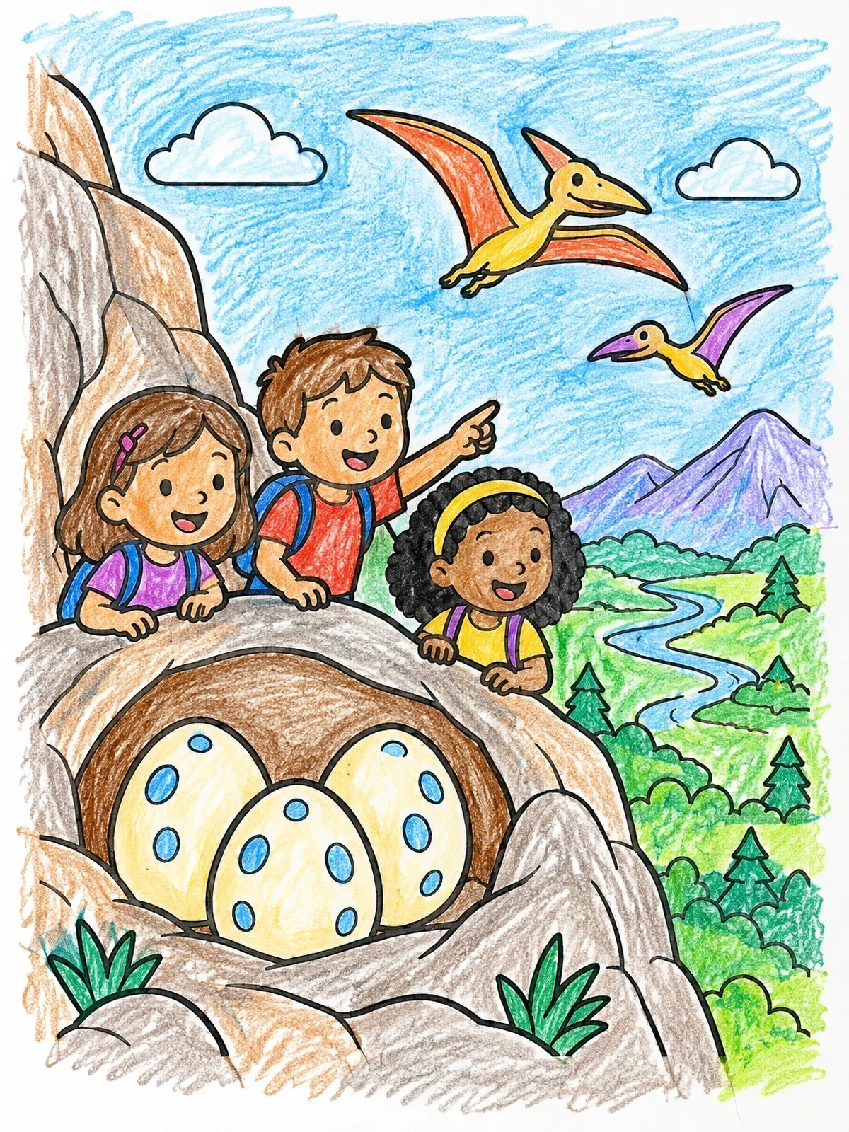 Colored example of the Children Finding Dinosaur Eggs On A Cliff coloring page