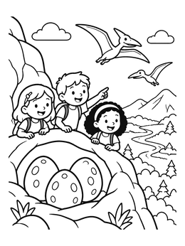 Excited kids discover spotted eggs in this dinosaur egg coloring page with flying pterosaurs.