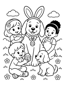 Free printable Children And Dogs Celebrating Easter coloring page