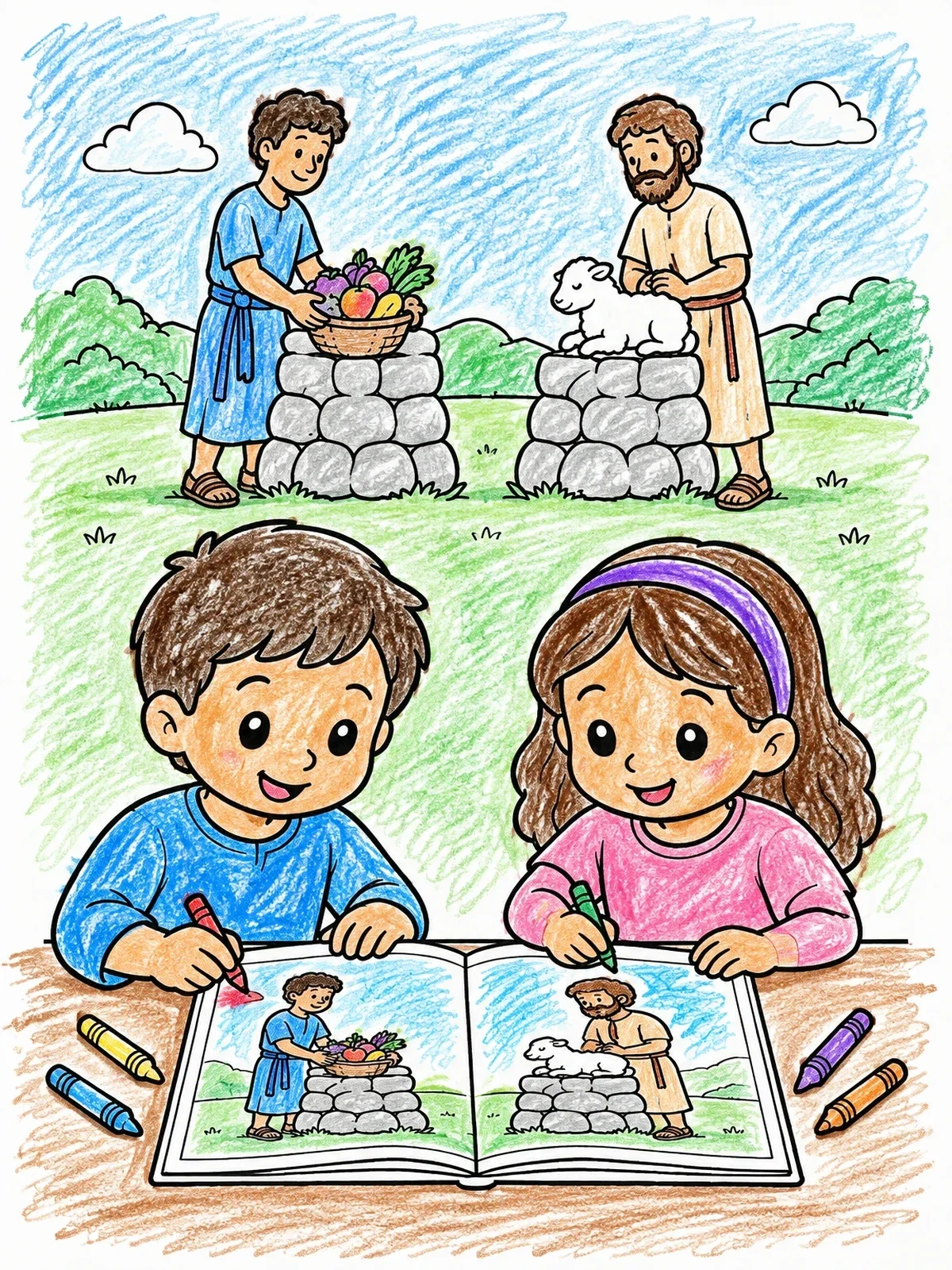 Colored example of the Children Drawing Cain And Abel coloring page