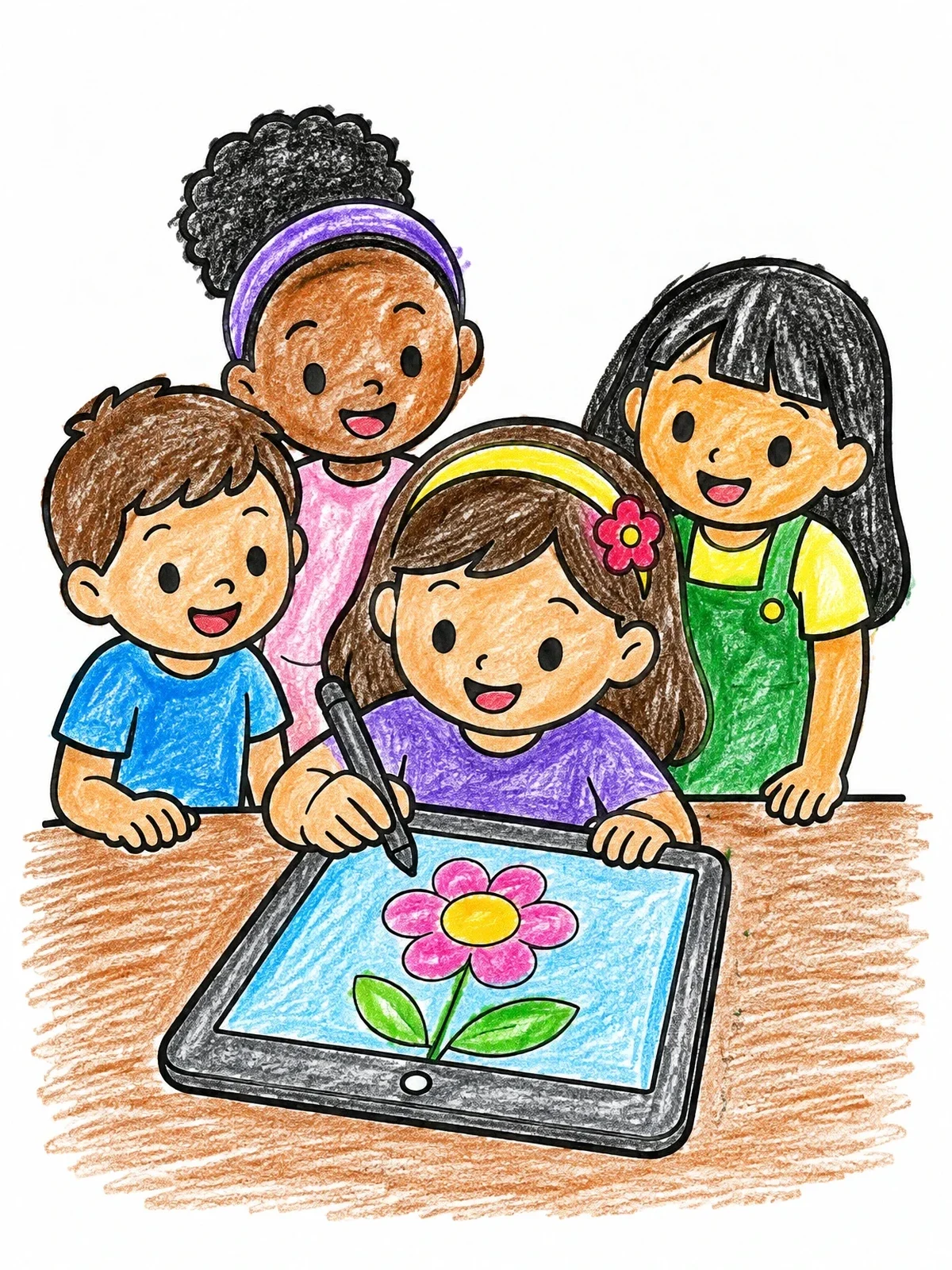 Colored example of the Children Drawing On Digital Tablet coloring page
