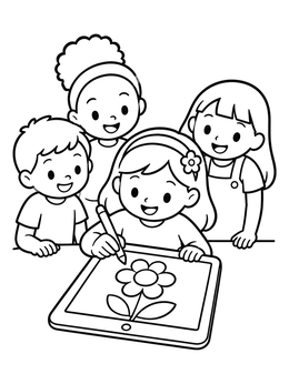 Free printable Children Drawing On Digital Tablet coloring page