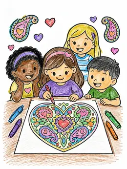 Children Drawing A Paisley Heart Coloring Page