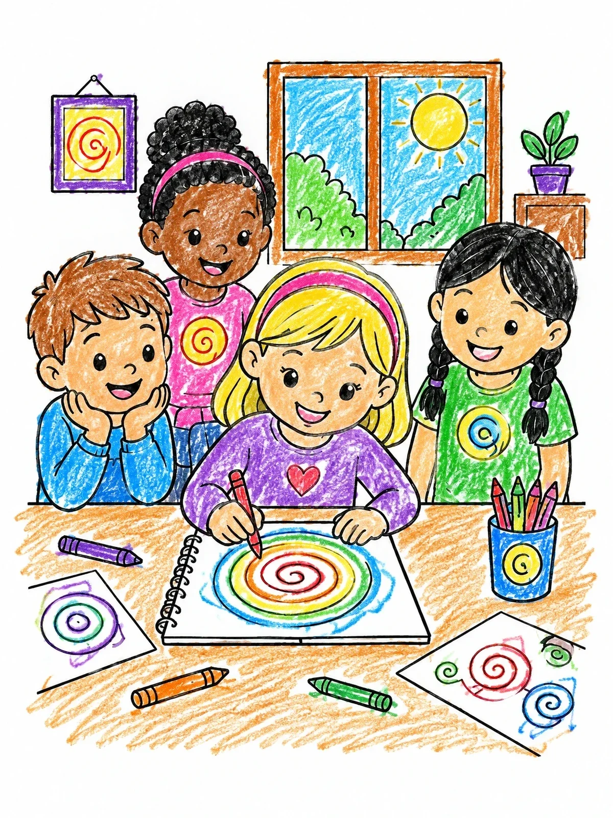 Colored example of the Children Drawing Swirl Patterns Together coloring page