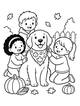 Free printable Children Dressing Golden Retriever For Thanksgiving coloring page