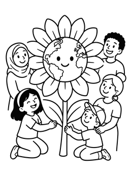 Free printable Children And Earth Sunflower coloring page