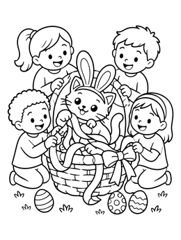 Kids surround a basket in this easter cat coloring page.