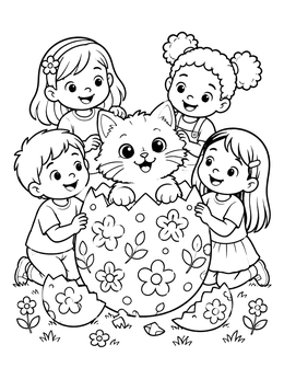 Free printable Children Finding Easter Cat In Eggshell coloring page