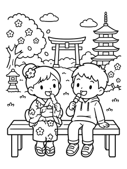 Boy and girl enjoying sweet dango on this japan coloring page with a torii gate.