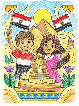 Children Celebrating With Egyptian Flags And Sphinx Coloring Page