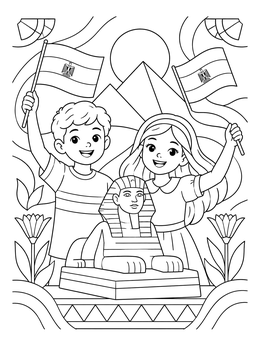Boy and girl waving Egyptian flags by a Sphinx statue in this egypt coloring page.