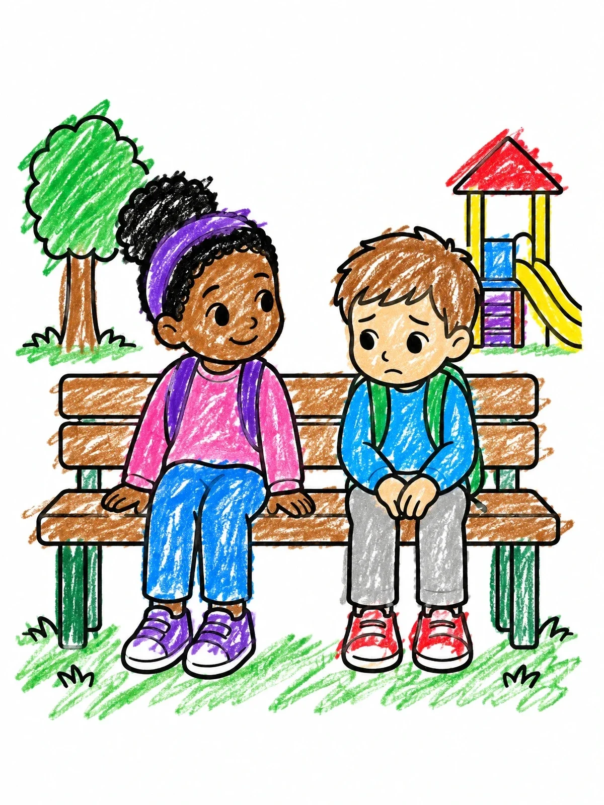 Colored example of the Children On A Playground Bench coloring page