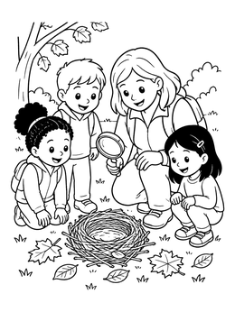 Free printable Children Examining A Fallen Nest coloring page