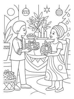 A girl and boy exchange wrapped gifts in this cheerful kwanza coloring page.