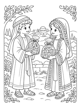 Two children dressed in biblical robes exchange gift baskets in this purim coloring page.