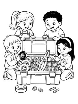 Free printable Children Exploring An Electrician Toolbox coloring page