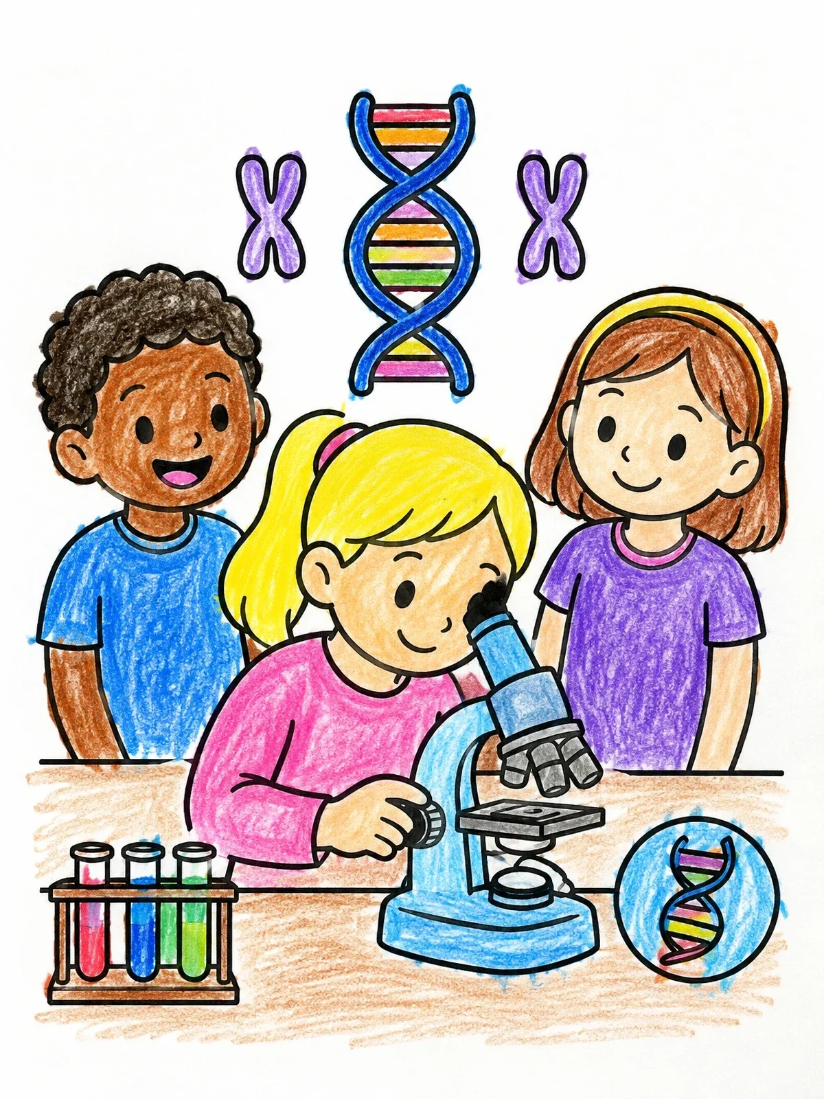 Colored example of the Children Exploring Genetics With A Microscope coloring page