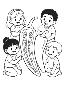 Free printable Children Exploring A Giant Chili Pepper coloring page