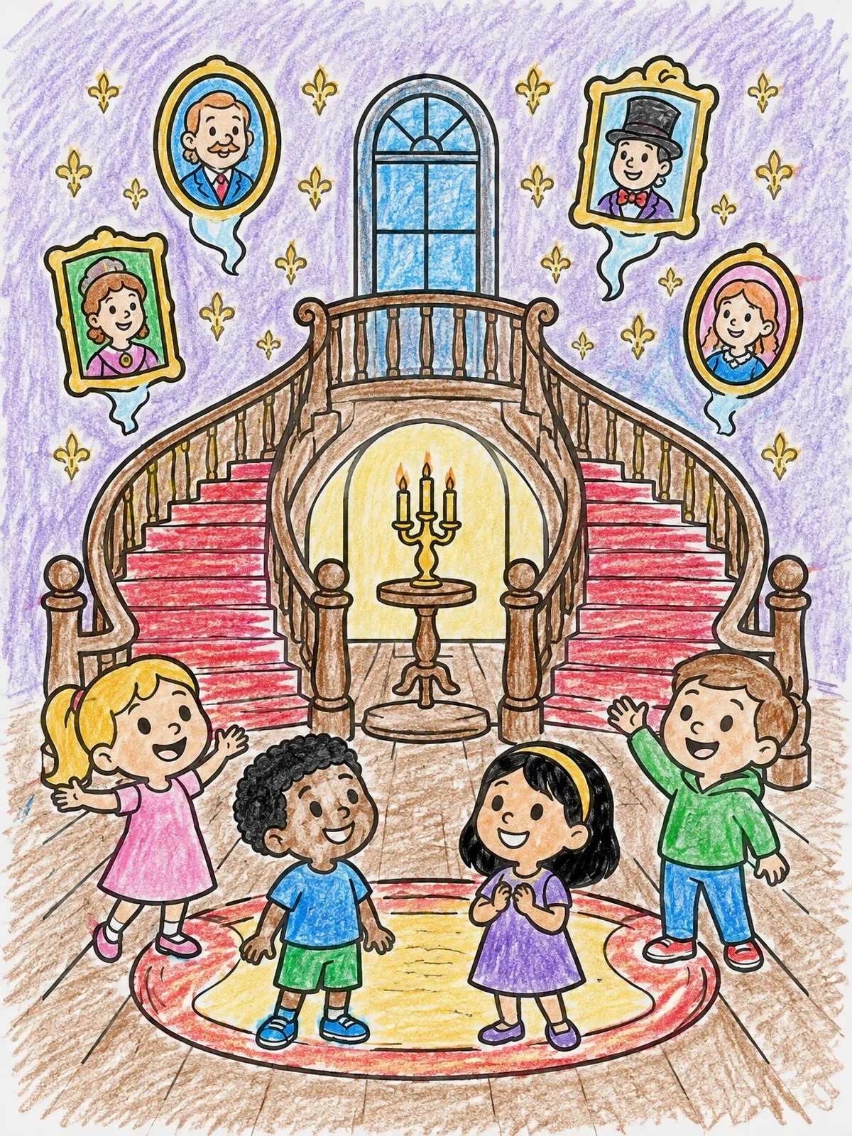 Colored example of the Children Exploring A Grand Mansion Foyer coloring page