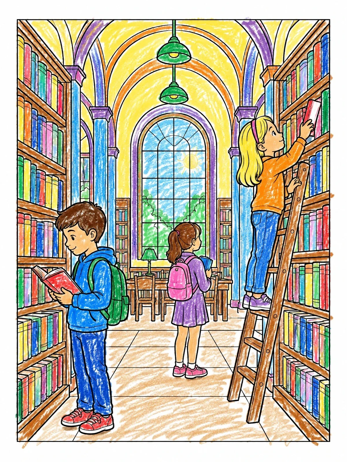 Colored example of the Children Exploring A Grand Public Library coloring page