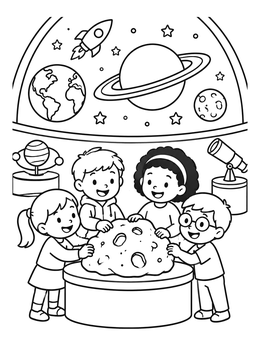 A fun space coloring page with kids touching a meteorite in a planetarium.