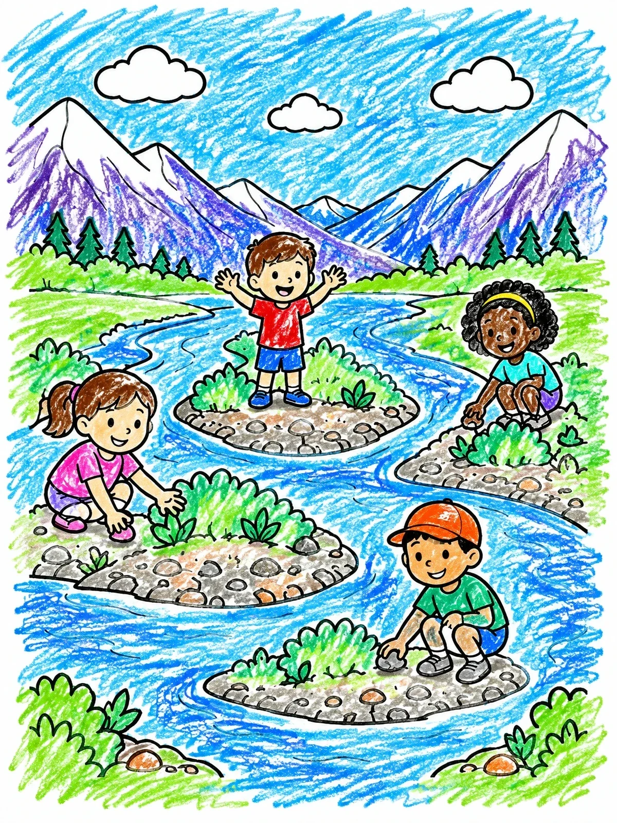 Colored example of the Children Exploring River Islands coloring page