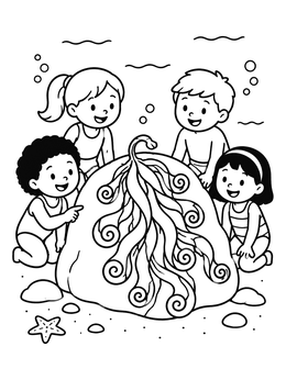 Free printable Children Exploring Seaweed On A Rock coloring page