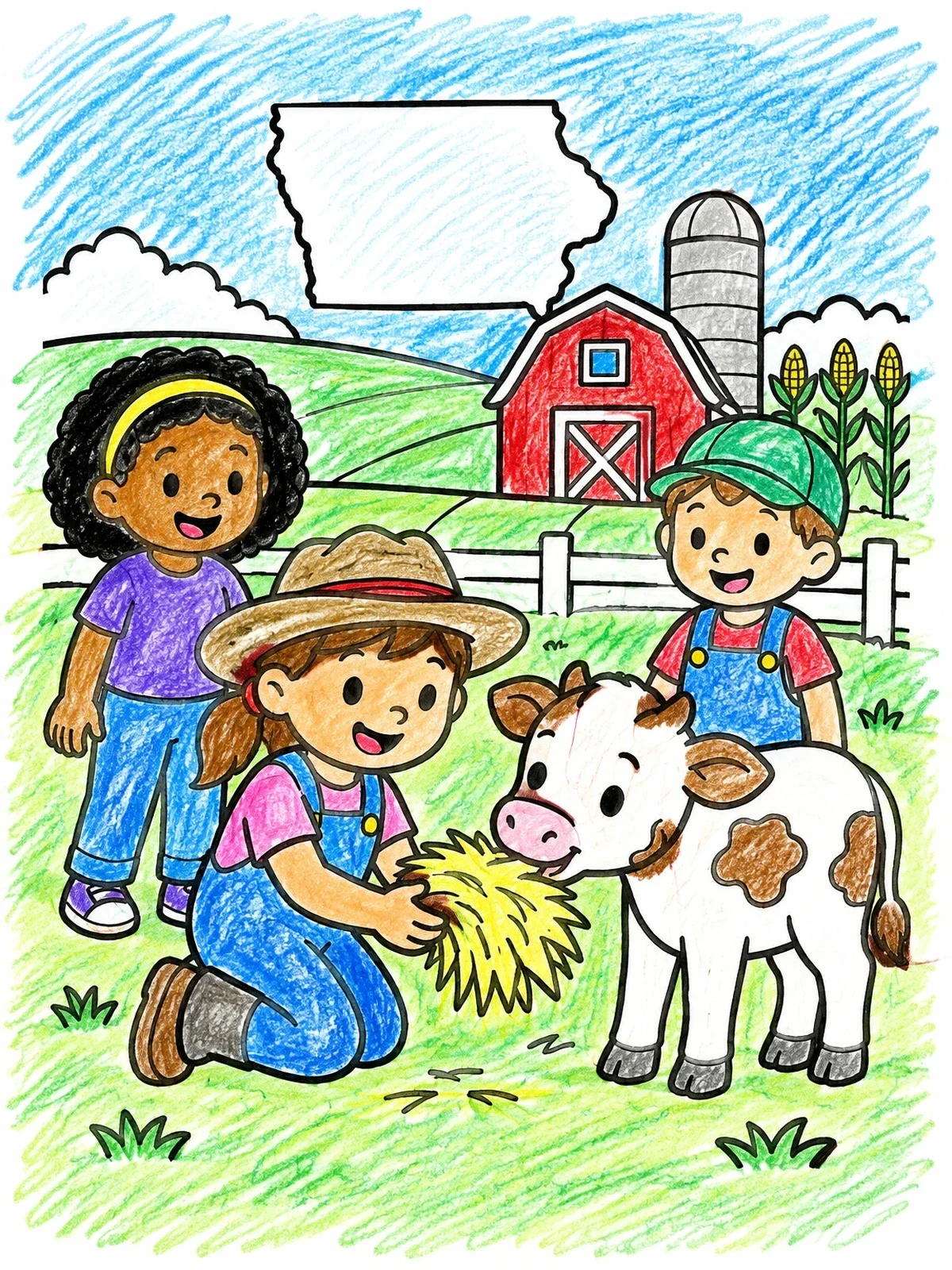 Colored example of the Children Feeding Calf On Iowa Farm coloring page