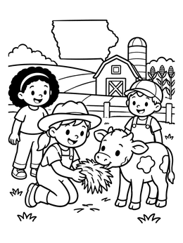 Free printable Children Feeding Calf On Iowa Farm coloring page