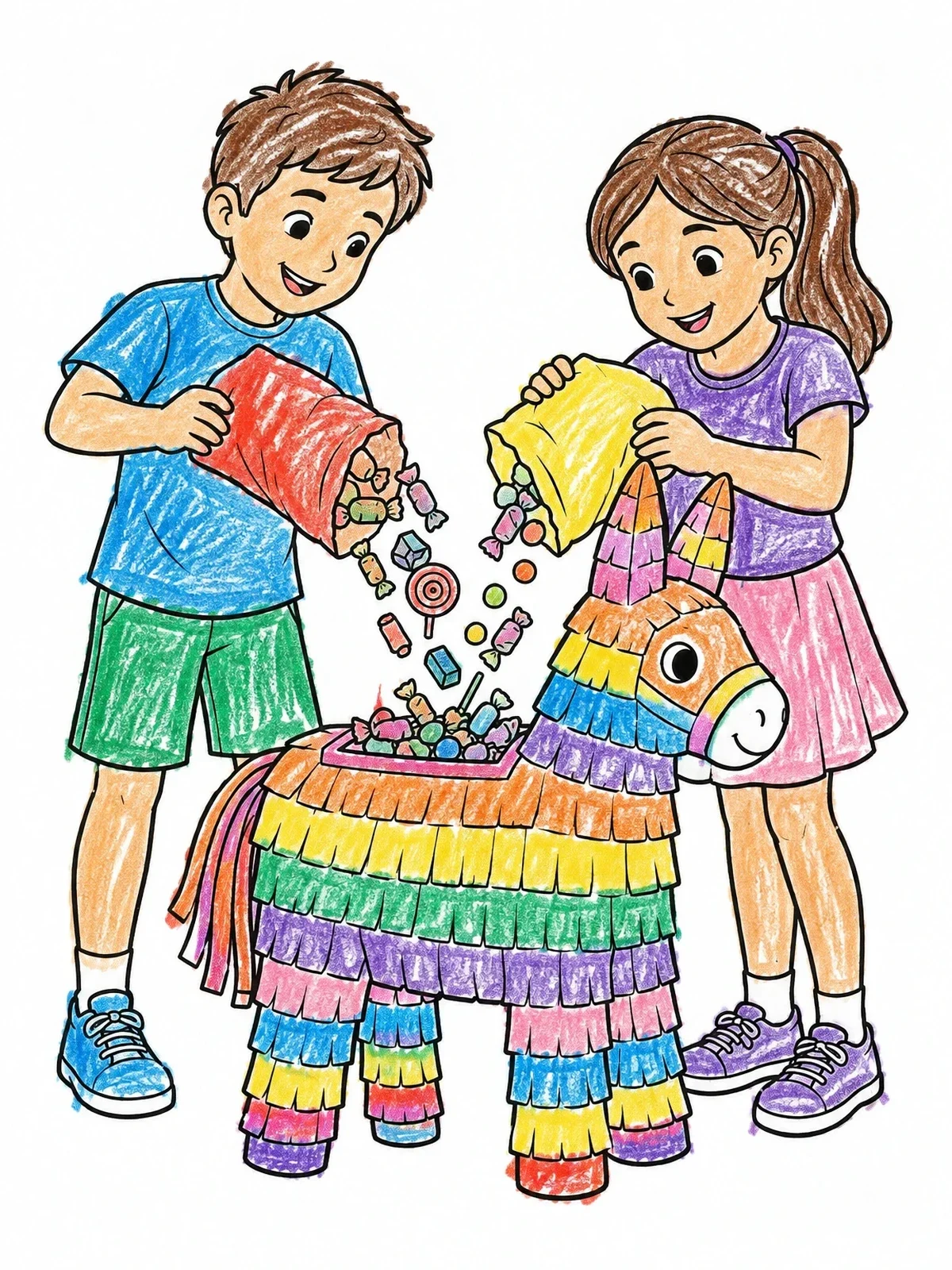 Colored example of the Children Filling A Donkey Pinata coloring page