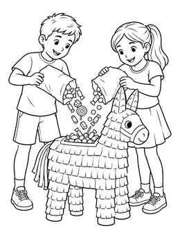 A fun pinata coloring page showing two kids filling a paper donkey with candy.