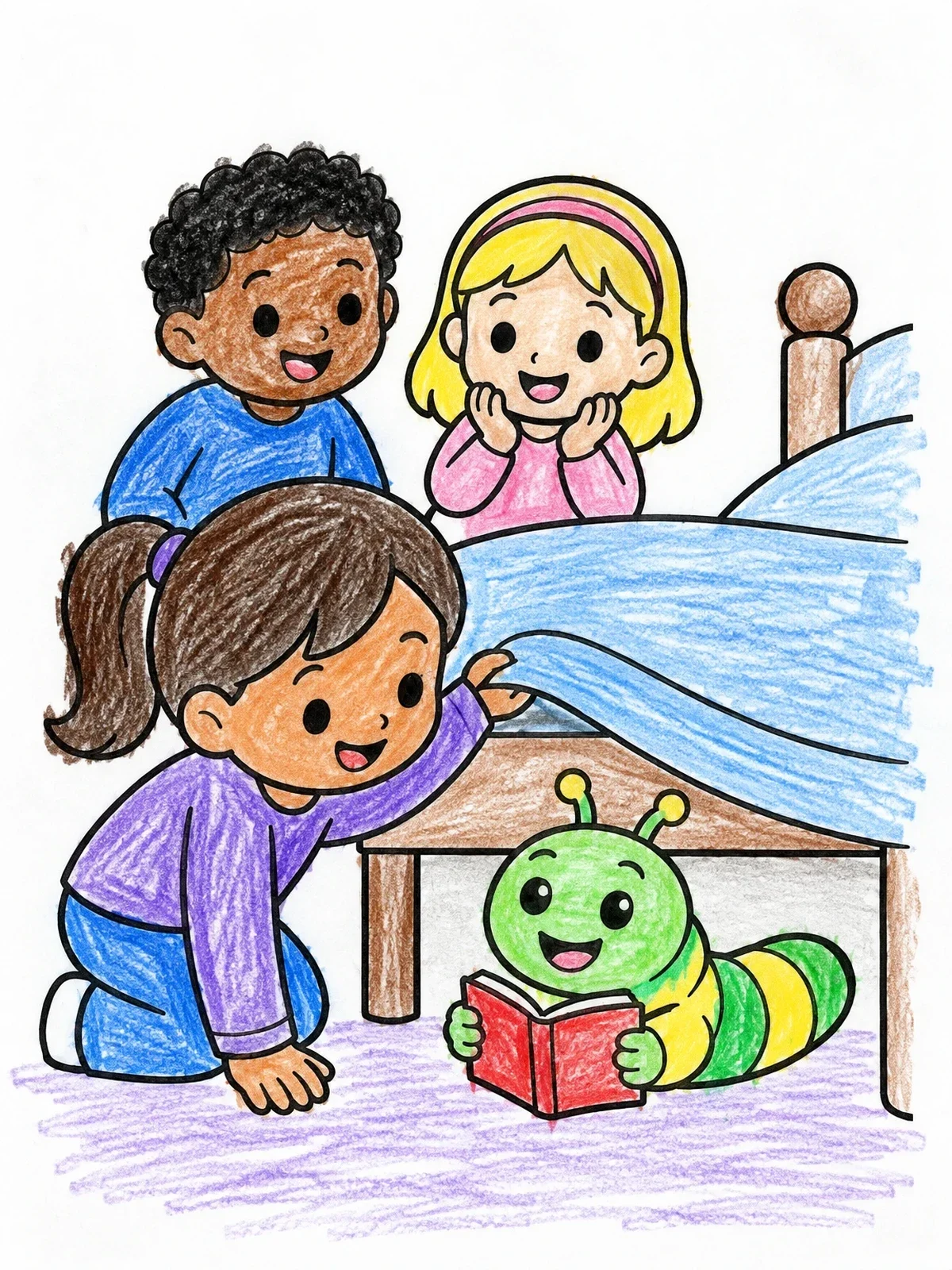 Colored example of the Children Finding A Cute Bookworm Monster coloring page