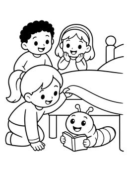 Children discovering a friendly little reading creature in this monster coloring page.