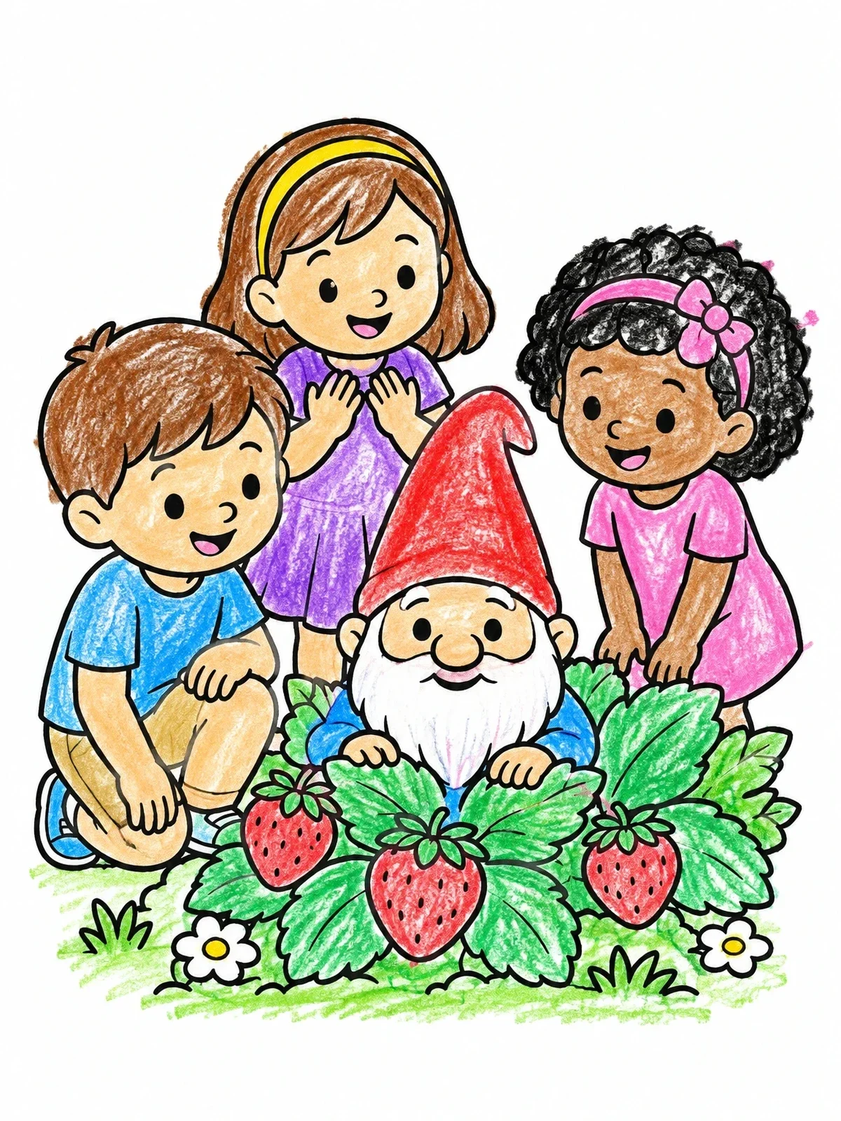 Colored example of the Children Finding Garden Gnome coloring page