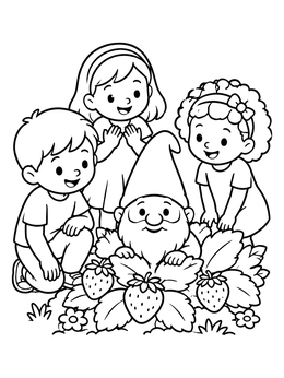 Three happy children discover a cute gnome coloring page in the garden strawberry patch.