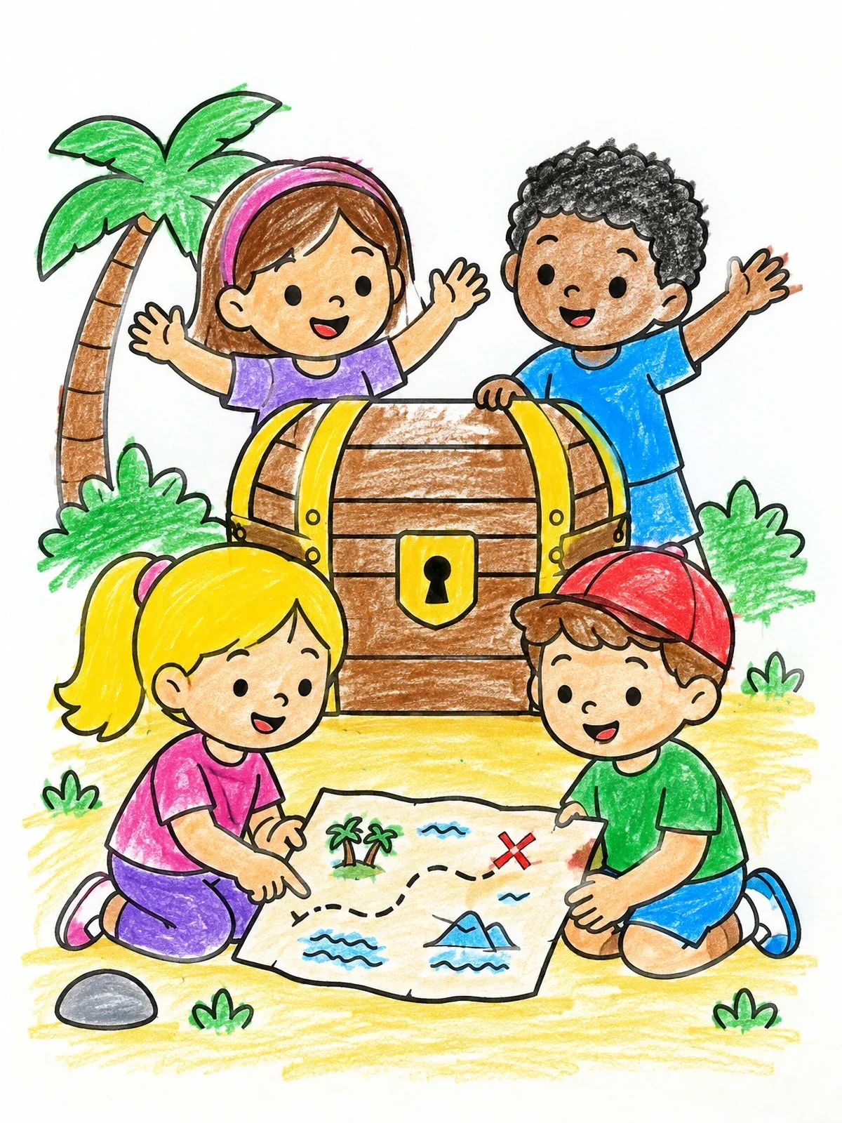 Colored example of the Children Finding A Hidden Treasure Chest coloring page