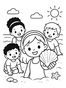 A happy girl shows off a seashell on the beach in this shells coloring page.