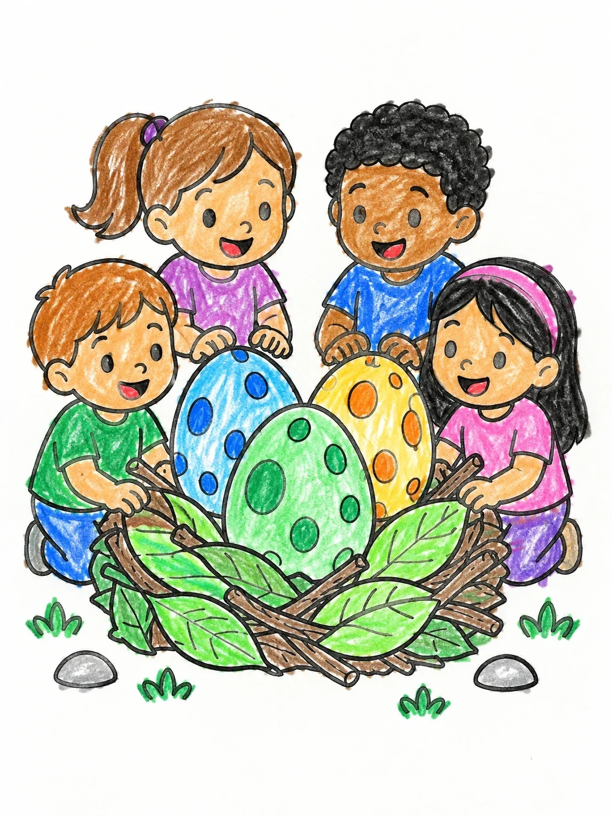 Colored example of the Children Finding Spotted Dinosaur Eggs coloring page