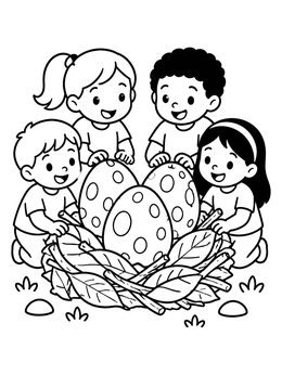 Free printable Children Finding Spotted Dinosaur Eggs coloring page