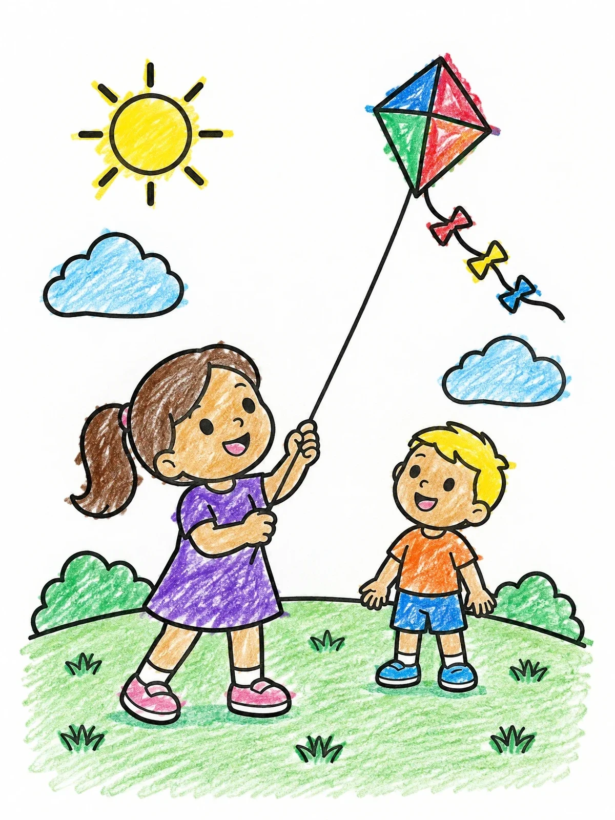 Colored example of the Children Flying A Kite Outdoors coloring page