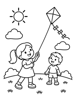 Free printable Children Flying A Kite Outdoors coloring page