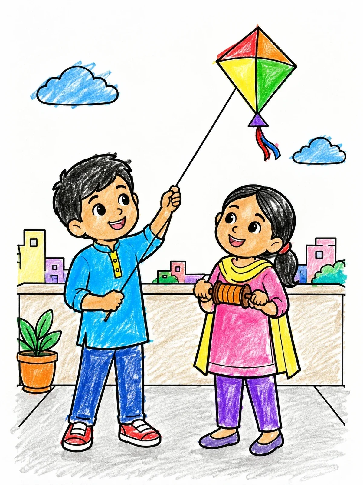 Colored example of the Children Flying A Kite On The Roof coloring page