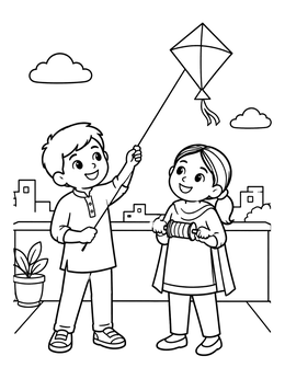 Free printable Children Flying A Kite On The Roof coloring page