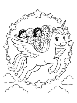 Happy children ride a flying pegasus in this unicorn coloring page encircled by stars.