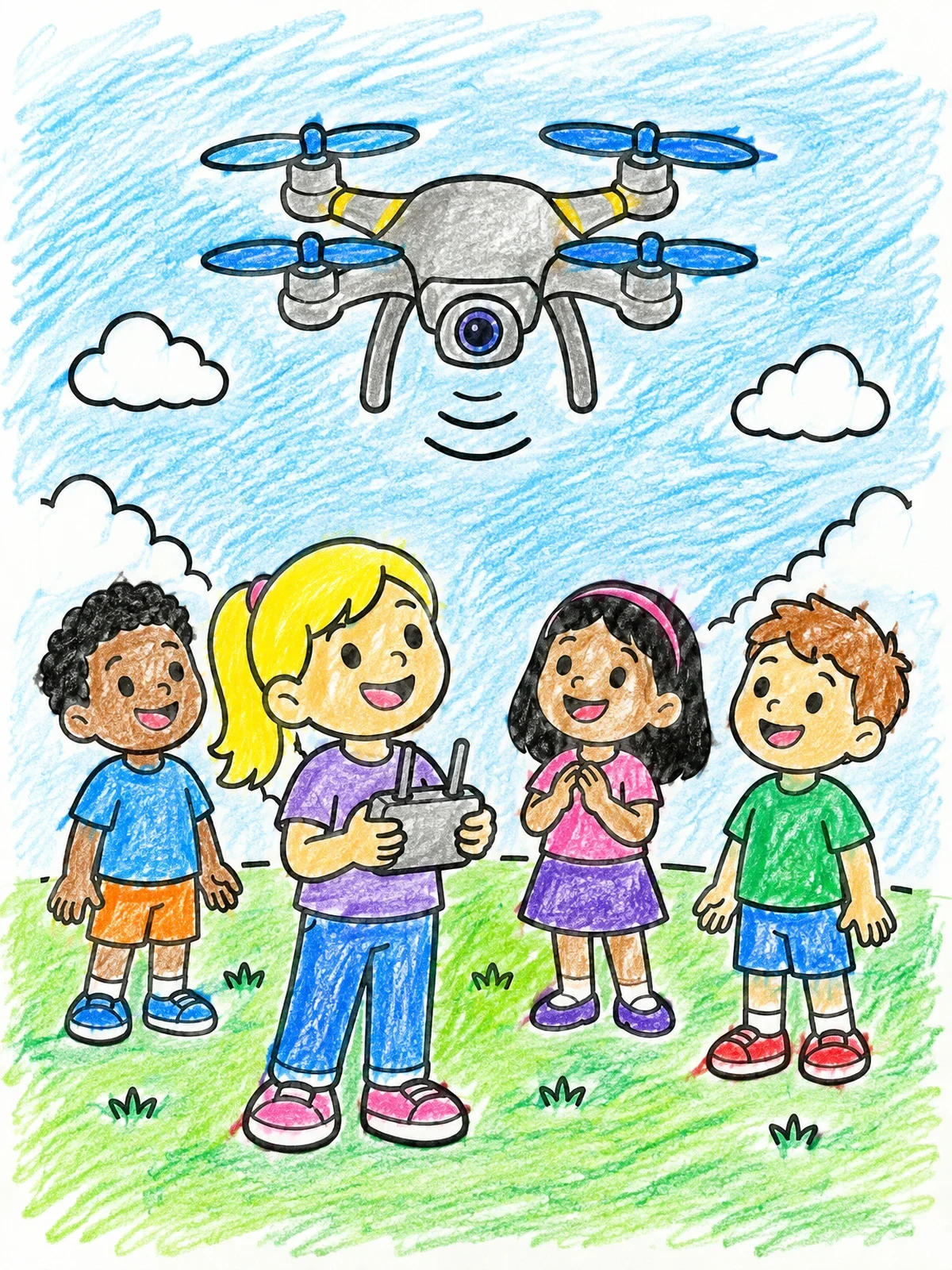 Colored example of the Children Flying A Quadcopter Drone Outdoors coloring page