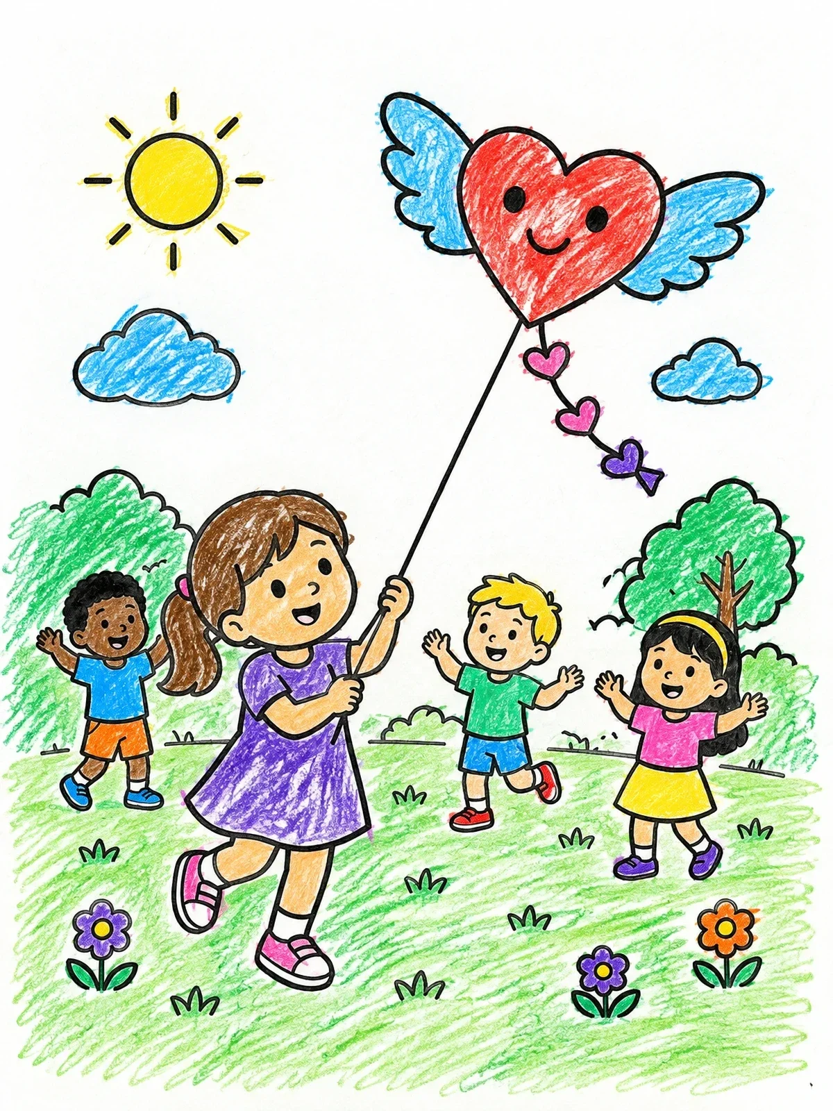 Colored example of the Children Flying A Winged Heart Kite coloring page
