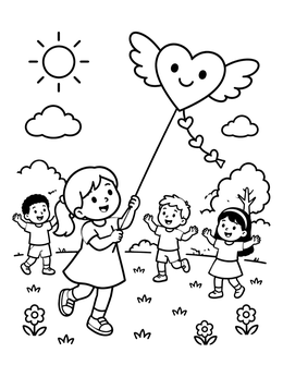 Free printable Children Flying A Winged Heart Kite coloring page